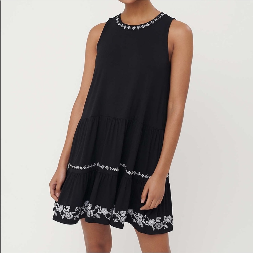 LOFT Black Sleeveless Tiered Dress with White Floral Embroidery